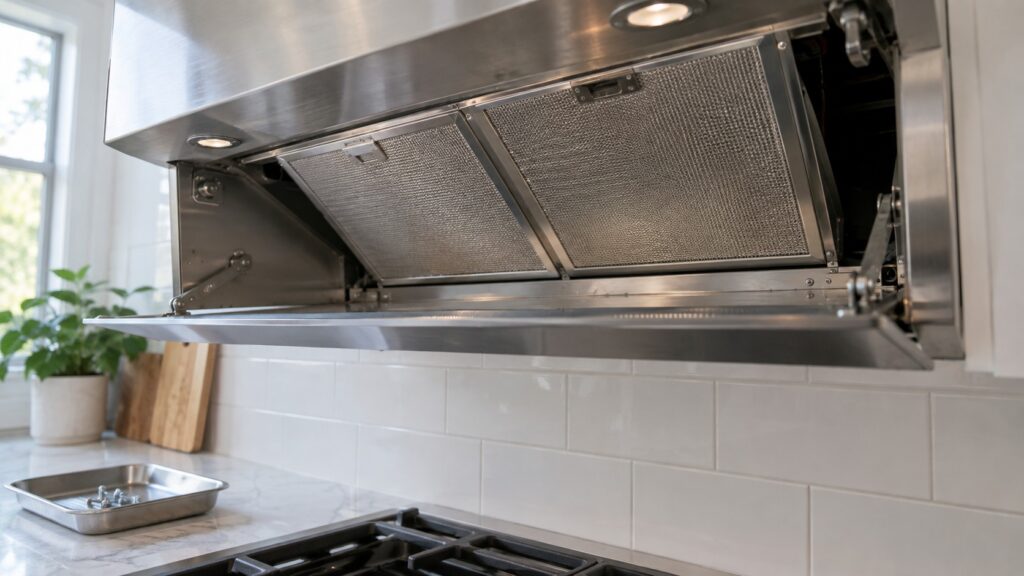 Close-up of the underside of a stainless range hood with its metal filters with the door open, seen at eye level from the side, with a small parts tray beside it.