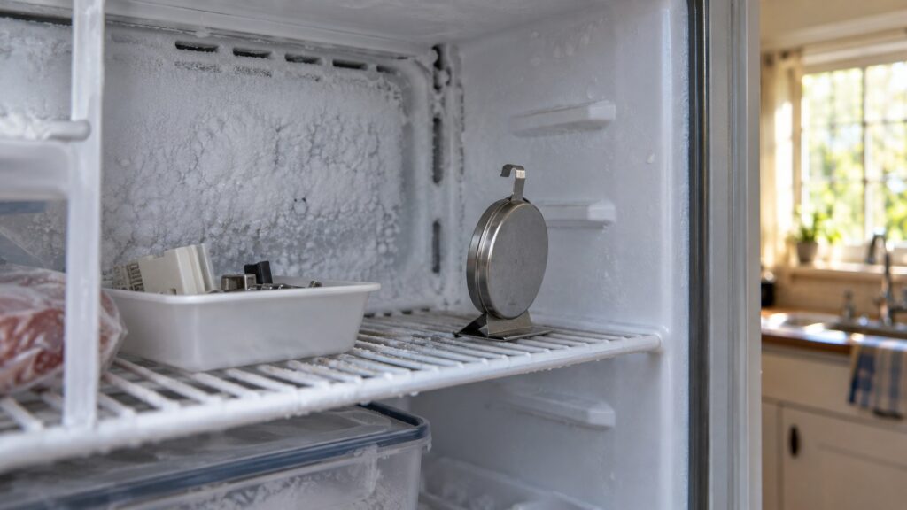 Close-up of the interior of a freezer compartment with frost on the rear panel with a thermometer resting on a shelf, seen at eye level from the side, with a small parts tray beside it.