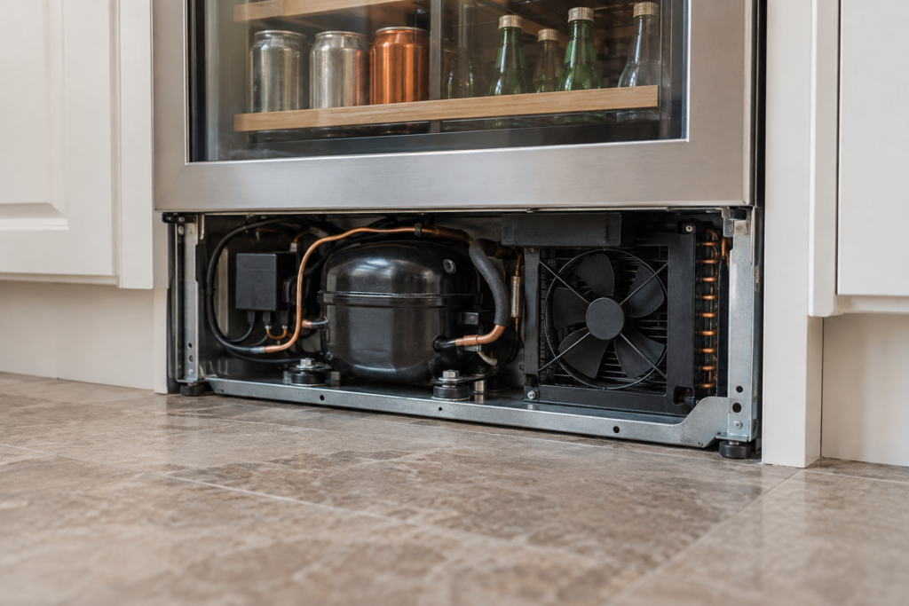 The compressor compartment under a built-in beverage center with its base grille removed.