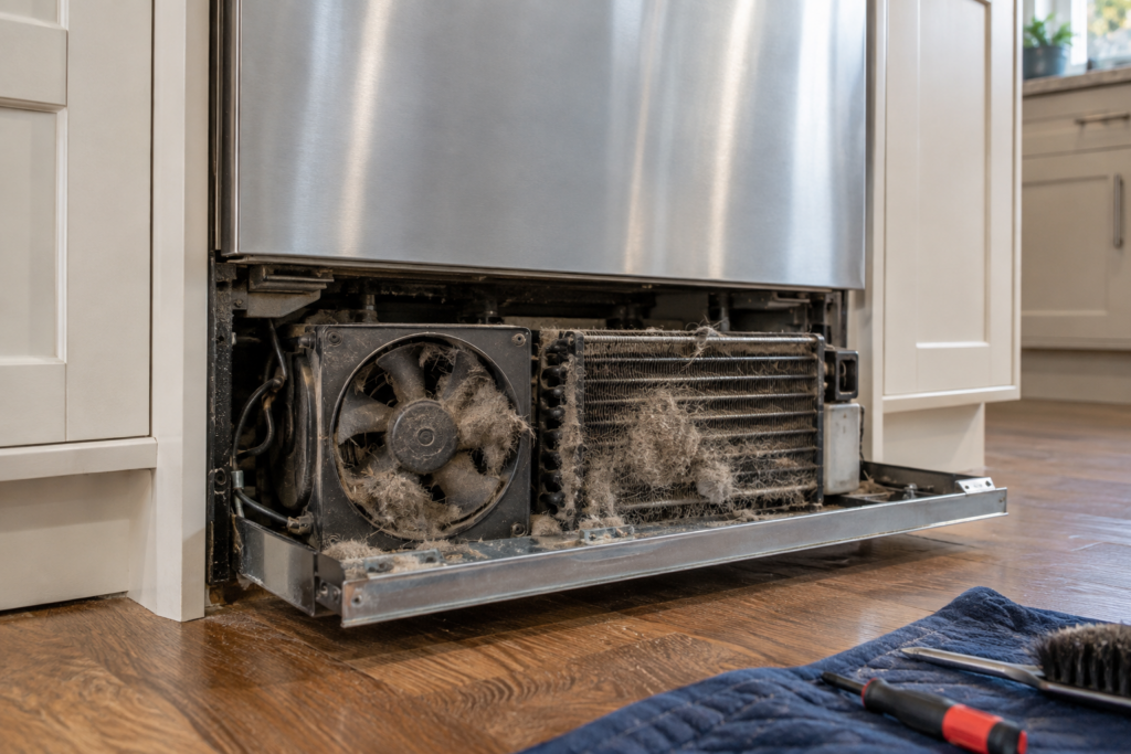 A pulled-out base tray under a built-in refrigerator showing a dust- and pet-hair-clogged condenser fan and coil.