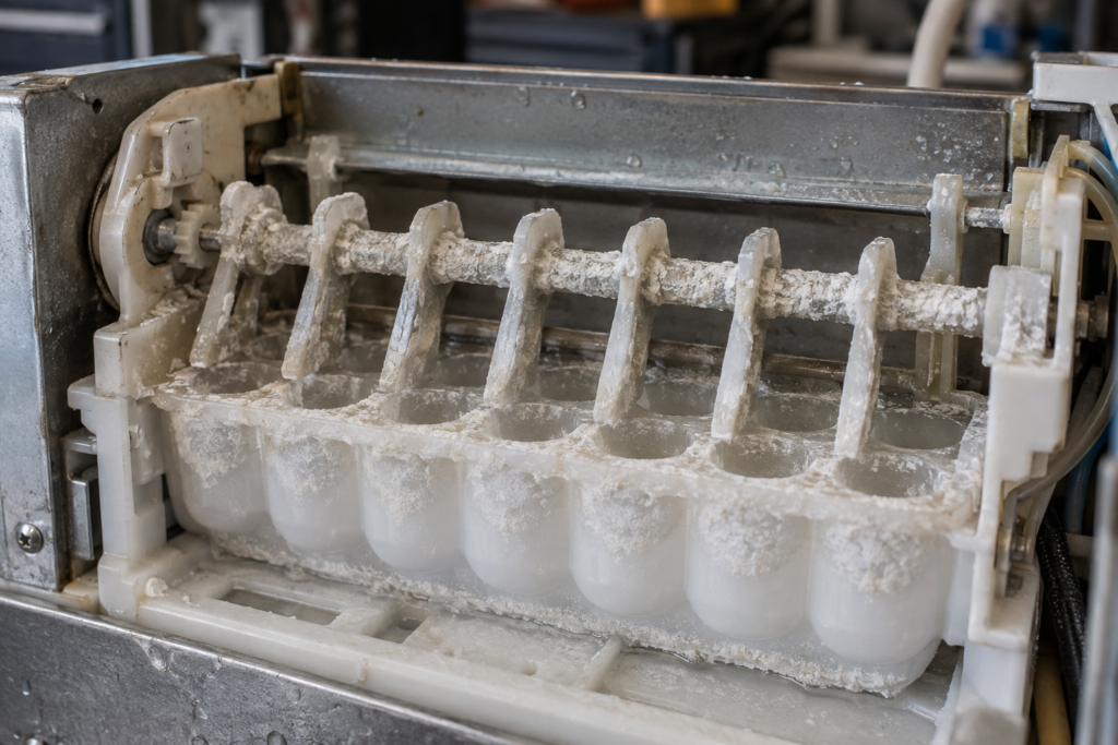 A close-up of an ice maker's harvest head with white mineral scale coating the plastic paddles.