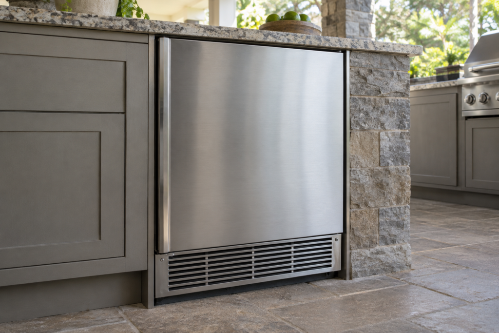 Close view of the front ventilation grille and the gap under a stainless undercounter outdoor ice maker.