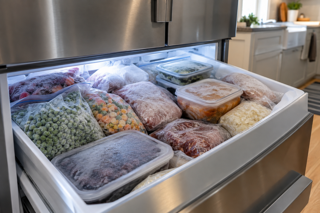 An open freezer drawer filled edge to edge with frost-covered frozen food.