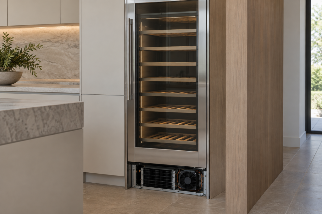 A built-in wine column with its lower grille taken off, showing the condenser and fan in the base.