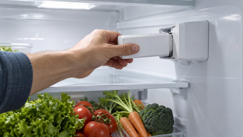 A hand fits a small rectangular cartridge into a white housing on the inner wall of a refrigerator compartment, fresh vegetables on the shelf below.