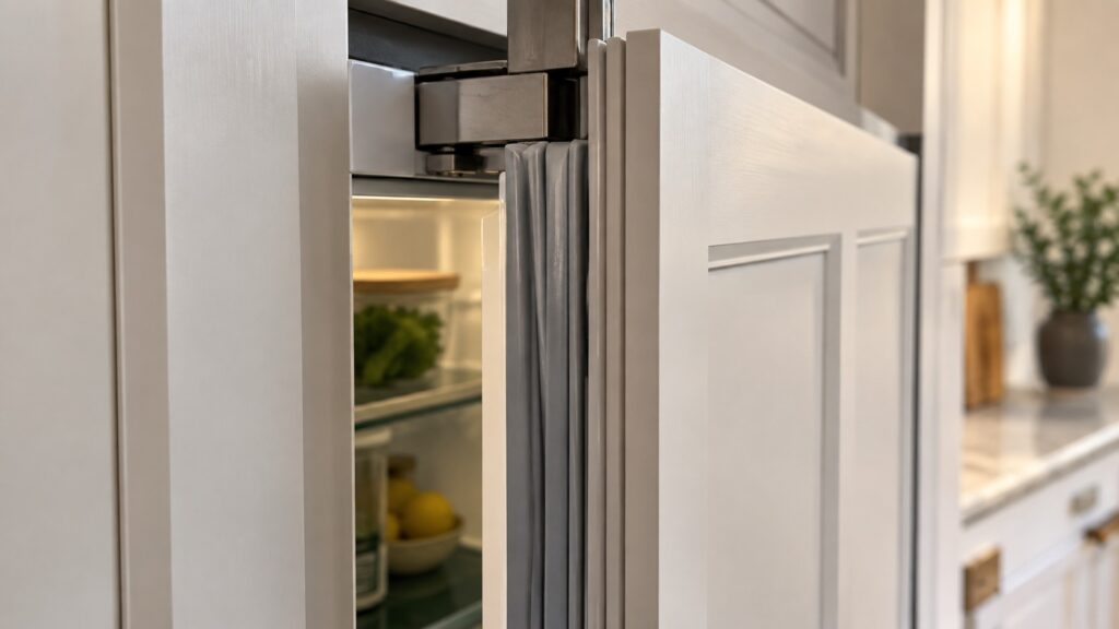 A close view of the edge of a panelled built-in refrigerator door standing slightly open, the grey rubber gasket and the hinge visible where the door meets the cabinetry.