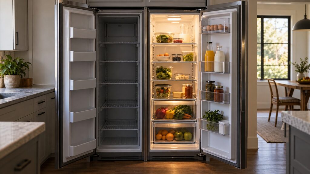 A tall built-in side-by-side refrigerator stands open in a kitchen, the refrigerator side lit and stocked while the freezer side beside it stands dark and empty.