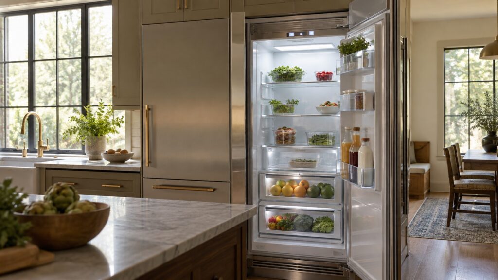 A tall built-in refrigerator stands open in a large kitchen, its interior control display lit at the top of the compartment above glass shelves.