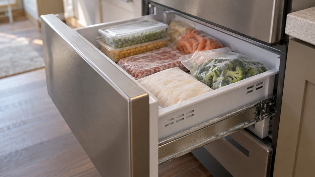 A built-in freezer drawer is pulled fully out on its metal rails, frozen packages stacked inside and light frost on the rail edges.