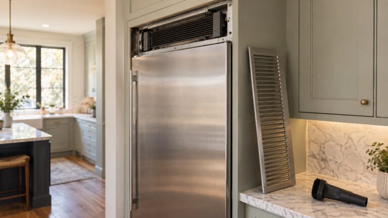 A tall built-in refrigerator seen from the side with its upper ventilation grille cover removed and resting against the cabinetry, a vacuum brush on the counter nearby.