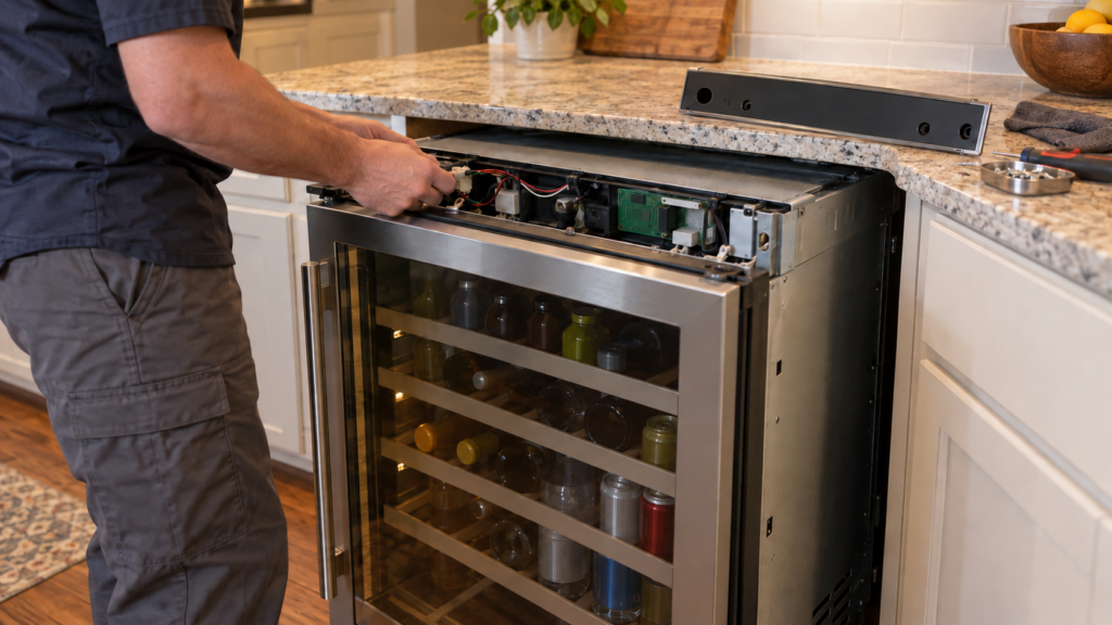 An undercounter beverage center pulled out with its front control panel removed, exposing the wiring behind it.