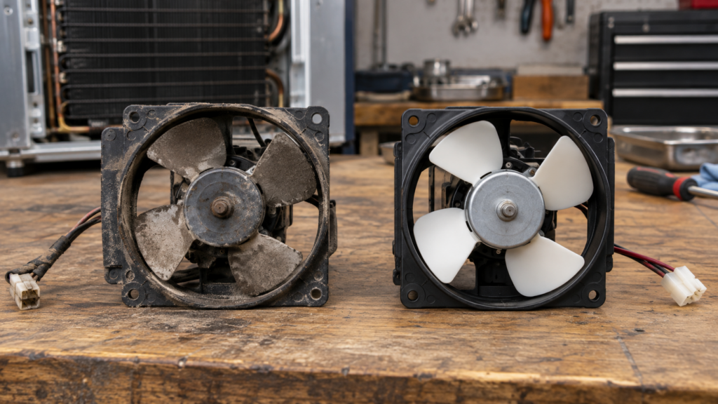 A worn condenser fan motor next to a brand new replacement fan motor on a workbench.