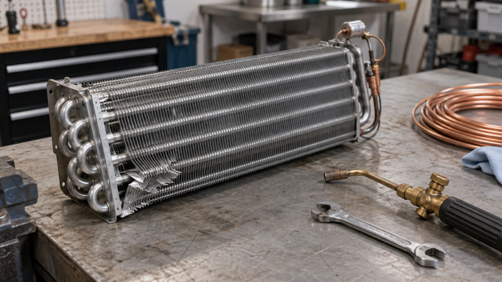 A refrigerator evaporator coil taken out of the cabinet and lying on a workbench beside brazing tools and copper tubing.