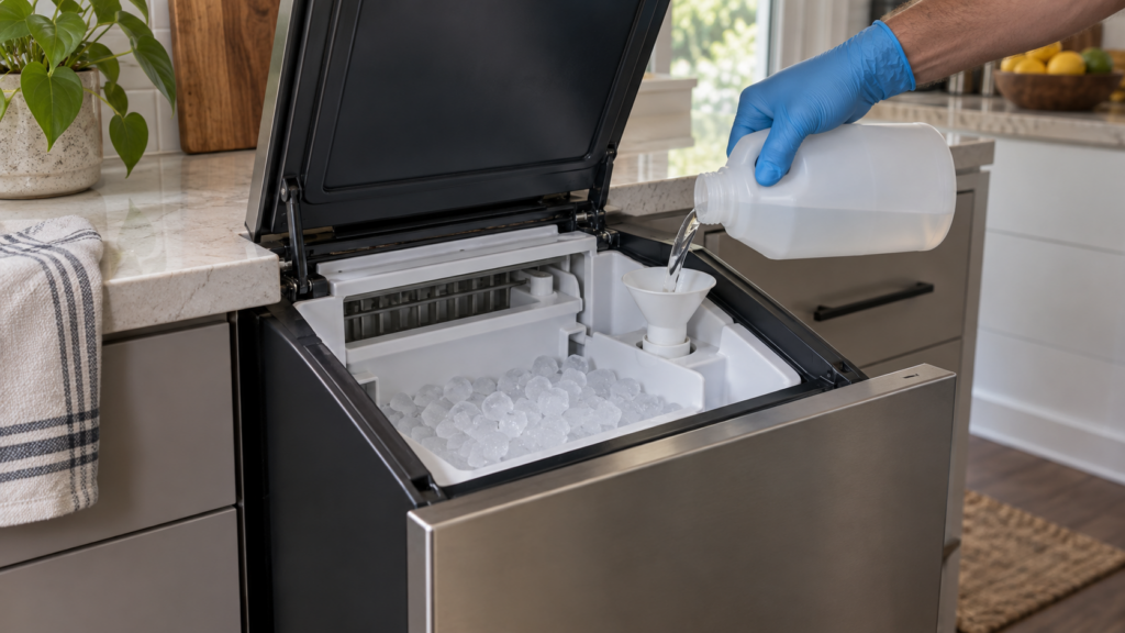 A gloved hand pouring cleaning solution into the fill funnel of a slide-out undercounter ice maker.