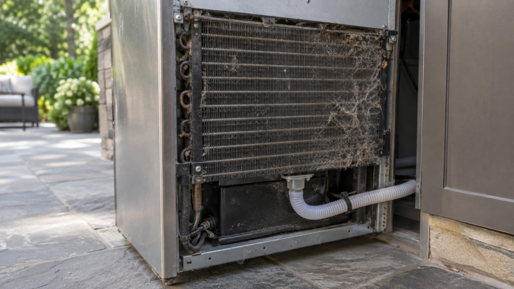Close-up of the dusty condenser fins and drain line of an undercounter outdoor ice maker pulled out of its cabinet on a summer patio.