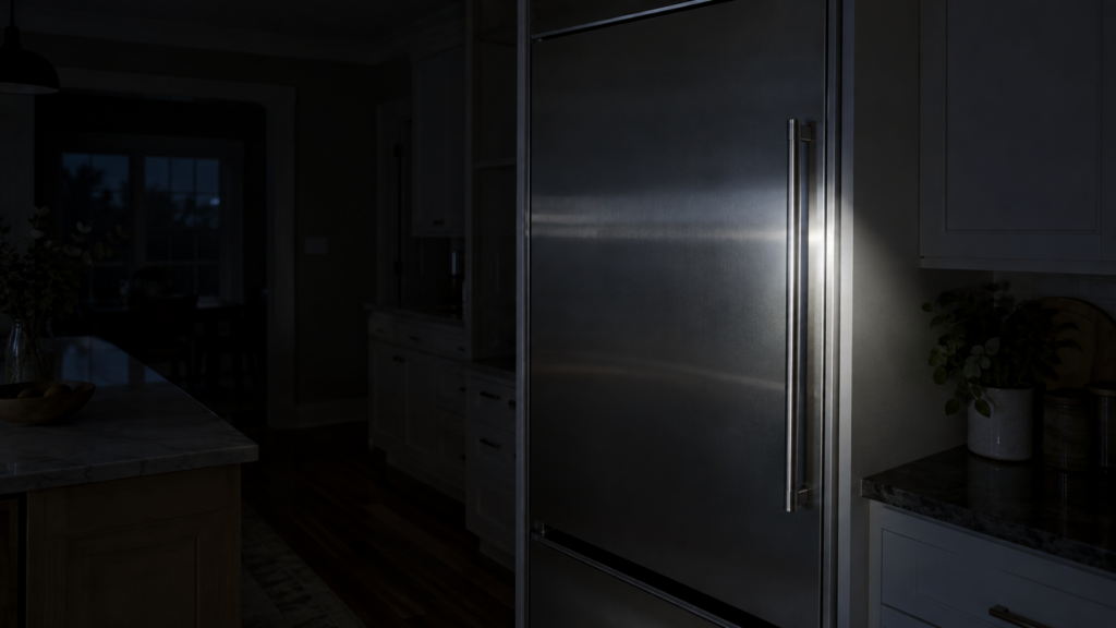 A built-in refrigerator door held shut in a dark kitchen during a power outage, lit only by a flashlight beam.