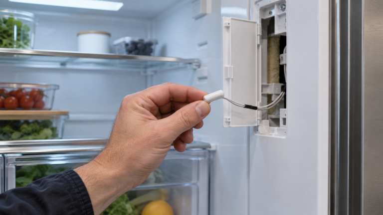 A small refrigerator thermistor sensor held next to an open interior panel inside a built-in refrigerator column.