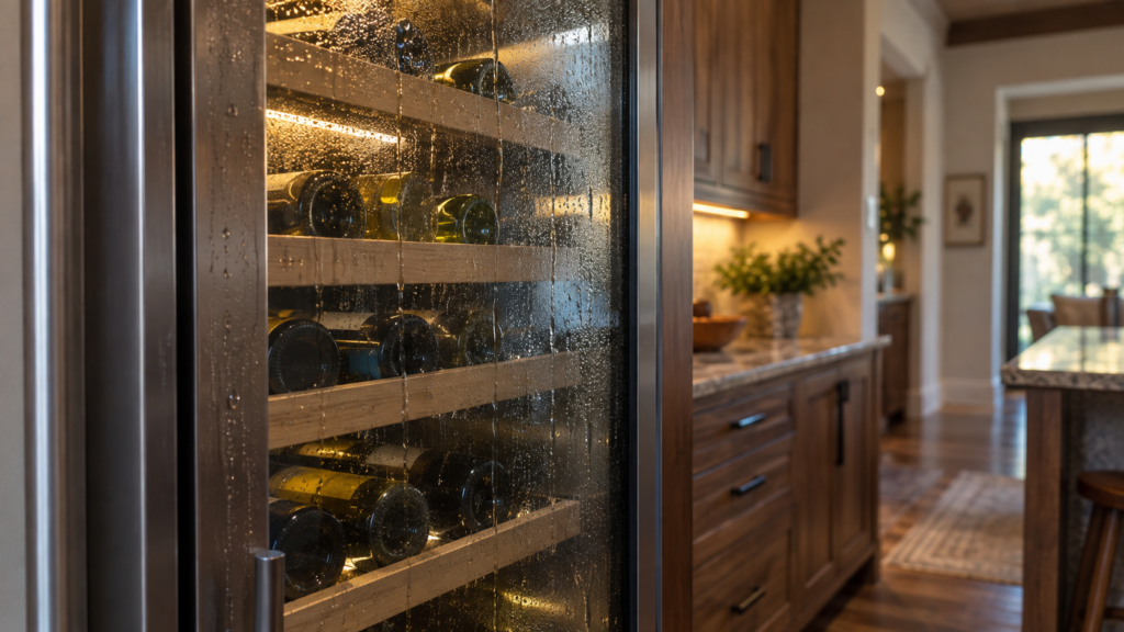 A built-in wine column's glass door beaded with condensation running toward the frame.