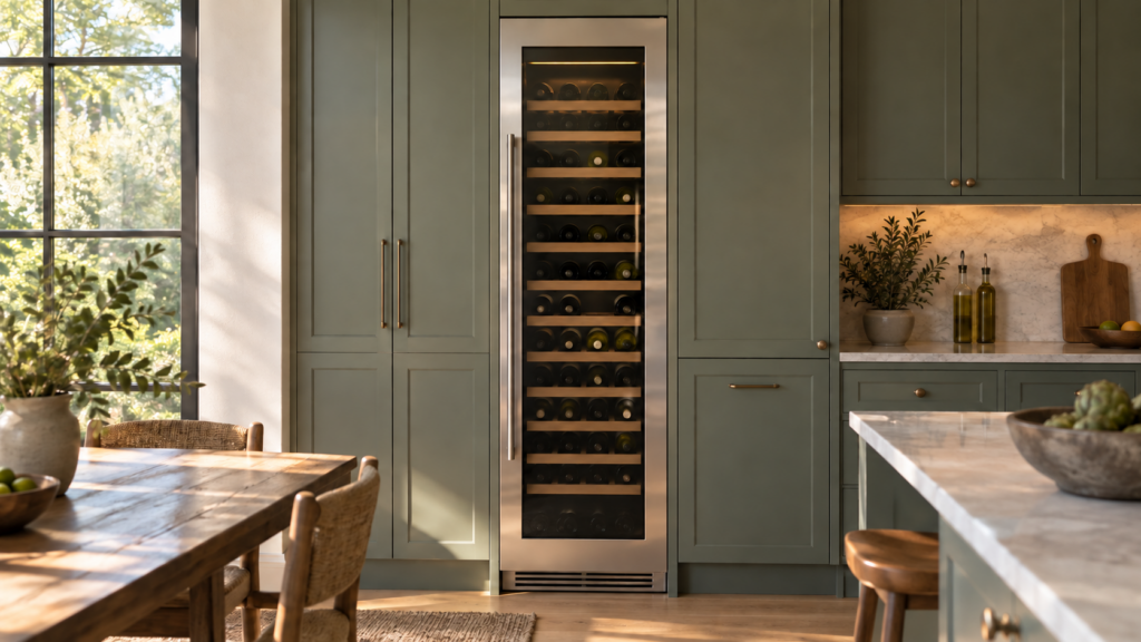 A tall built-in stainless wine column with a closed glass door, set flush into a run of kitchen cabinetry.