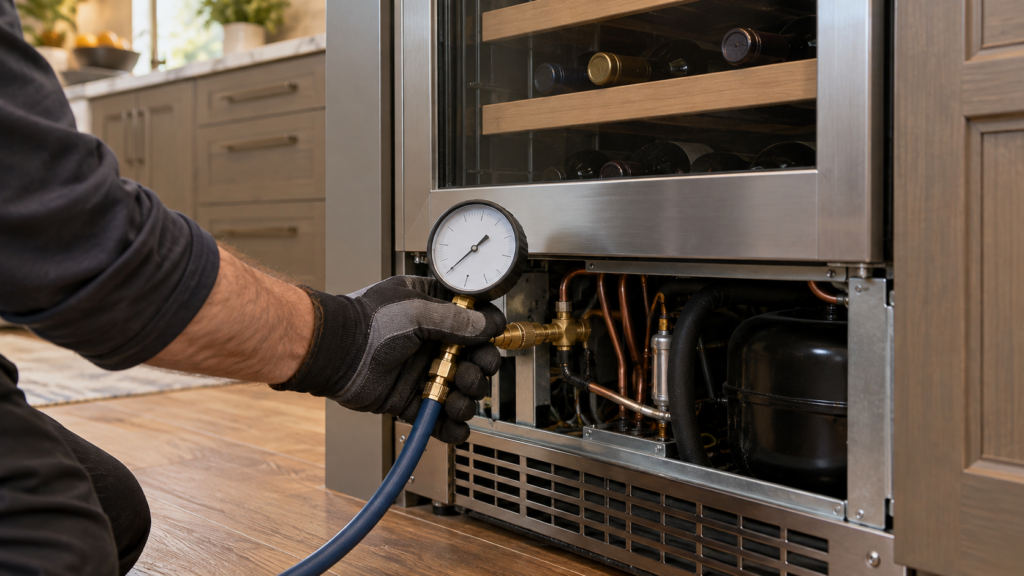 A technician's gloved hand holding a refrigerant pressure gauge against the service valve at the base of a built-in wine column.