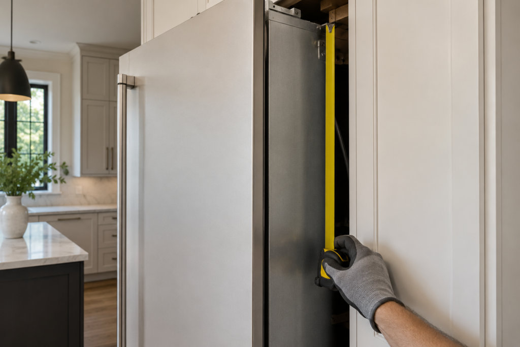 A tape measure held in the gap beside a built-in refrigerator column that has been slid forward from its cabinet cutout.