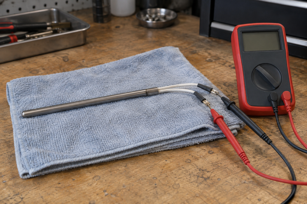 A removed defrost heater rod on a towel with multimeter probes on its two terminals.