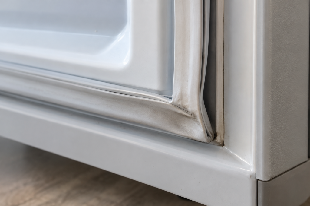 A close-up of a refrigerator door seal lifted at the lower corner, one stretch visibly flattened.