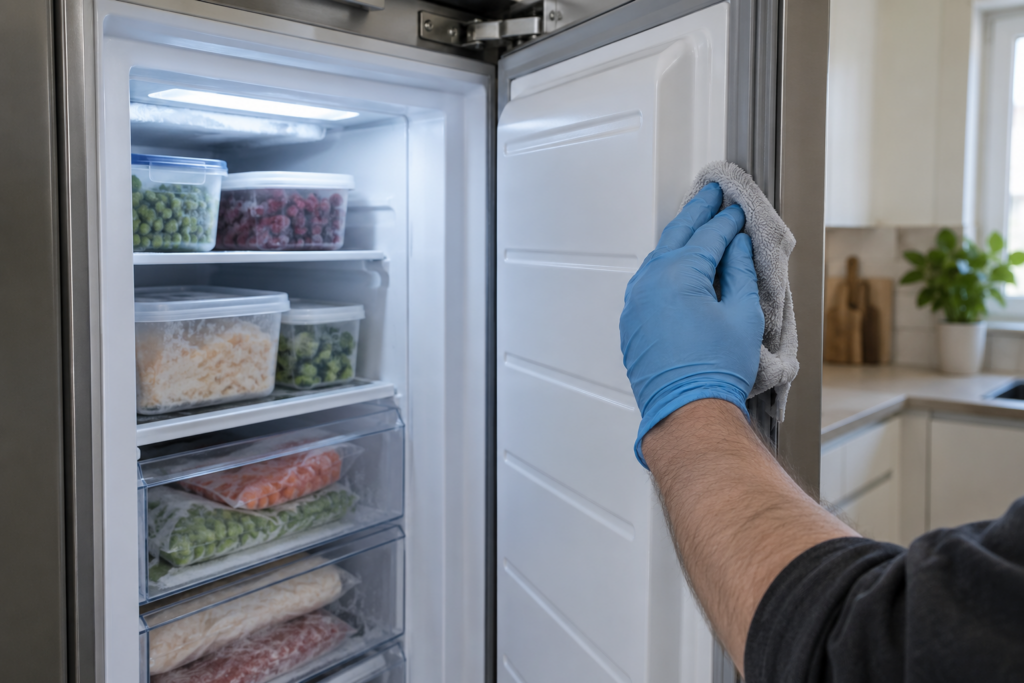 A gloved hand wipes the door seal of an open freezer column with a damp cloth.