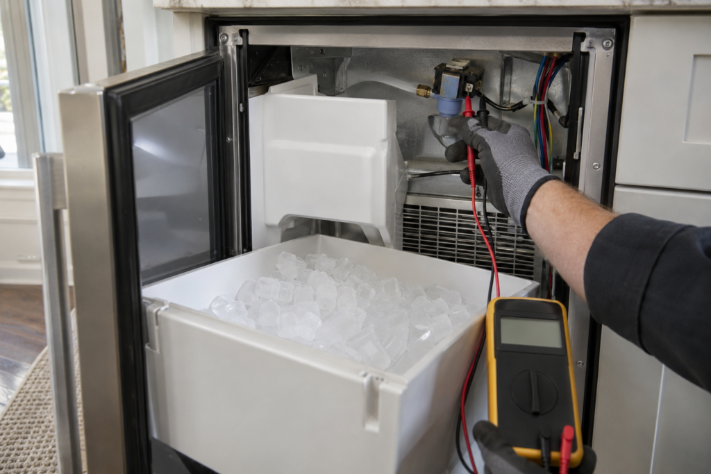 A gloved hand holds a multimeter probe against the water inlet valve inside an open undercounter ice maker.