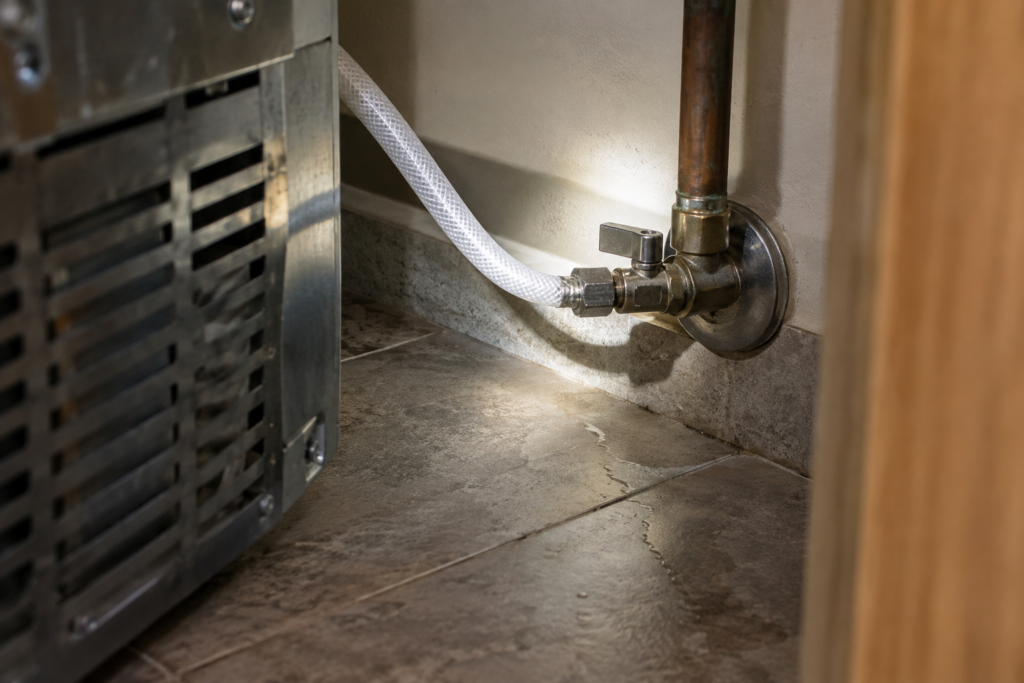 A braided supply line and shutoff valve behind a pulled-forward ice maker with a damp line on the floor.