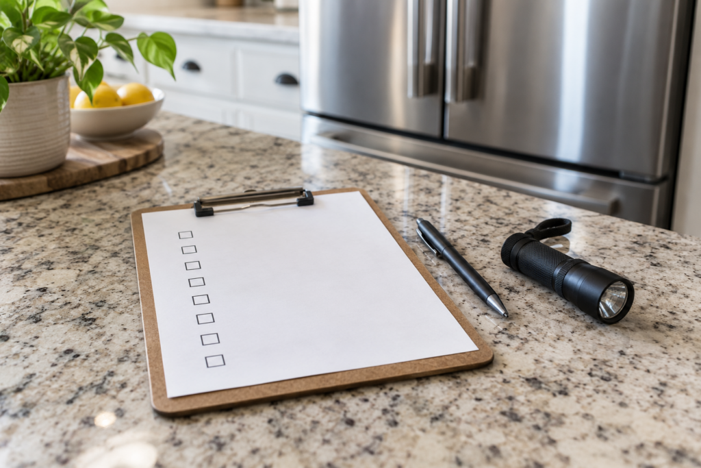 A clipboard with a blank sheet of empty tick boxes beside a pen and a flashlight.