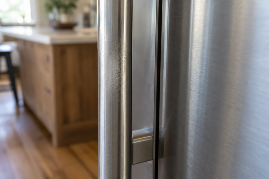 A close-up of a long stainless pull handle with years of soft wear at the grip.