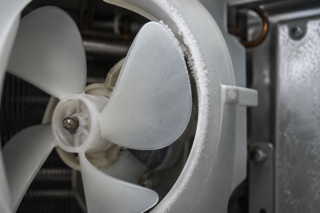 A close-up of an evaporator fan blade passing close to a frosted housing edge.