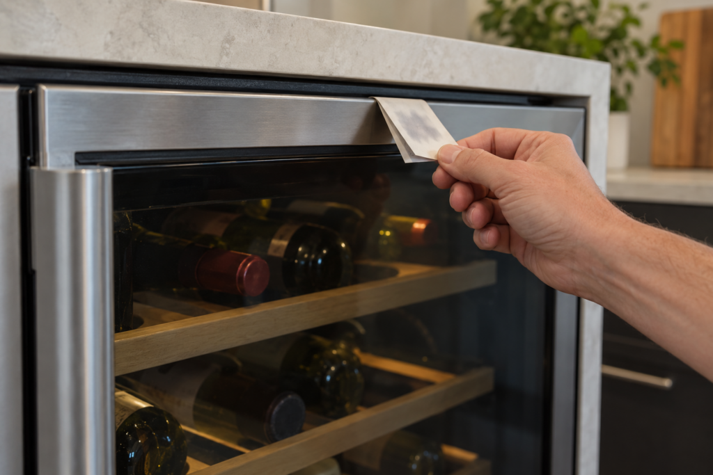 A folded bill pinched between a wine cabinet door gasket and the frame, held as if testing the pull.