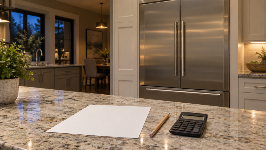 A blank estimate form, a pencil and a calculator on a counter in front of a tall built-in refrigerator column.