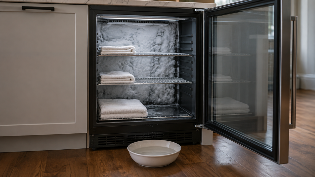 An empty undercounter beverage center with a frosted back wall, towels on the shelves and a bowl on the floor.