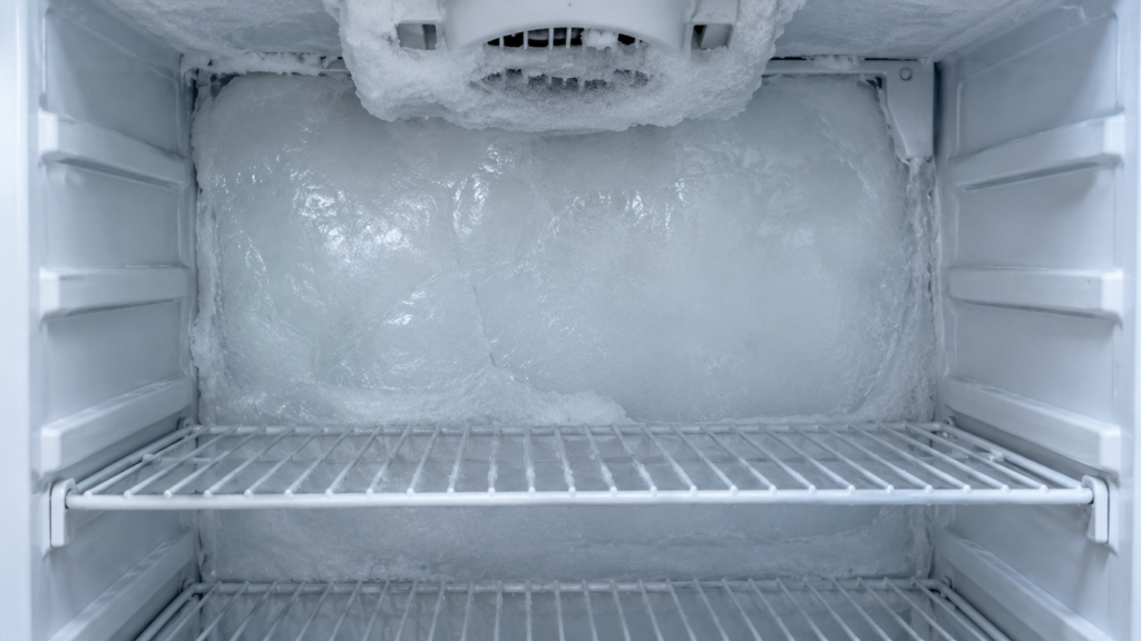 A smooth thick sheet of ice covering the back wall of an open freezer compartment.