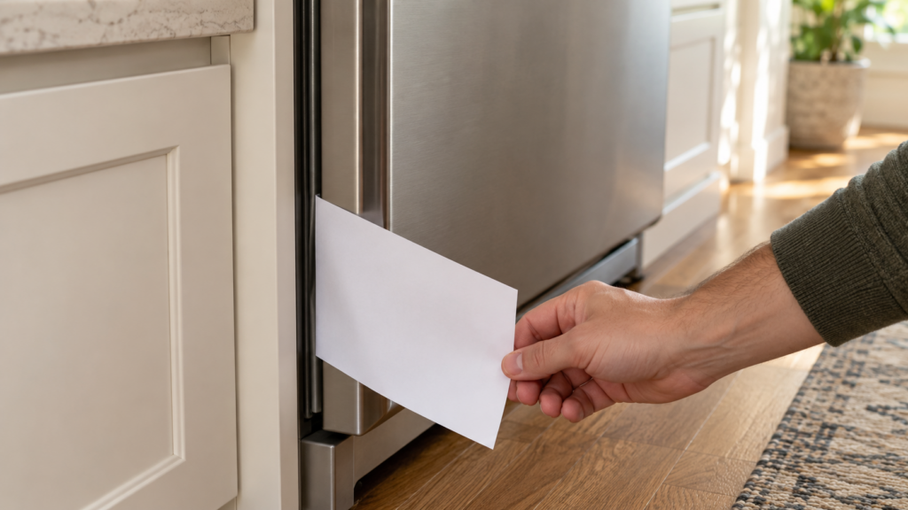 A hand pulling a sheet of paper from between a refrigerator door and its cabinet at the lower corner.