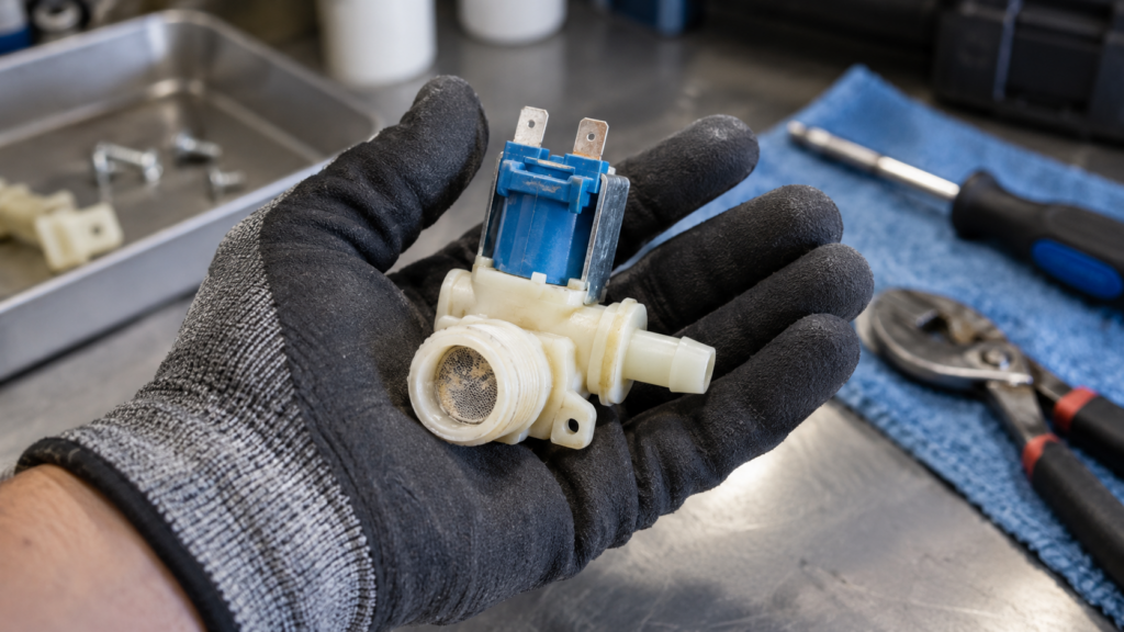 A water inlet valve with its fine mesh inlet screen held in a gloved palm.