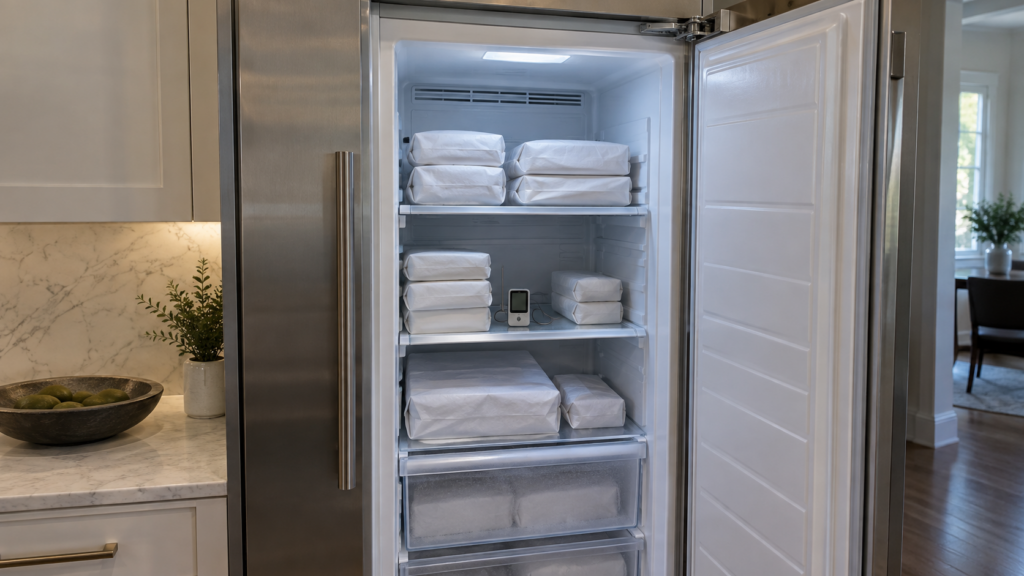 An open freezer column with neatly stacked packages, a gap behind them and a probe thermometer on the middle shelf.
