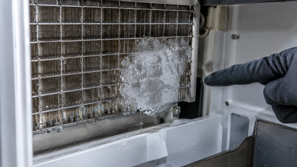 A solid clump of clear ice frozen onto the metal evaporator grid inside an open undercounter ice maker.
