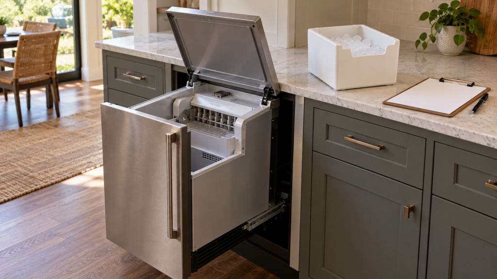 An undercounter ice maker slid out of its cabinet with the bin on the counter beside a blank estimate form and a pen.