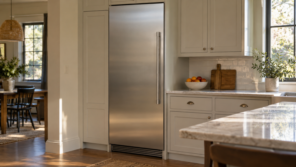 A tall stainless built-in refrigerator column with a softly worn handle in a lived-in family kitchen in morning light.