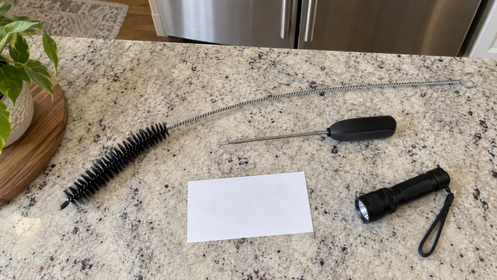 A coil brush, a small digital thermometer, a plain paper strip and a flashlight laid out on a counter beside a tall built-in refrigerator.