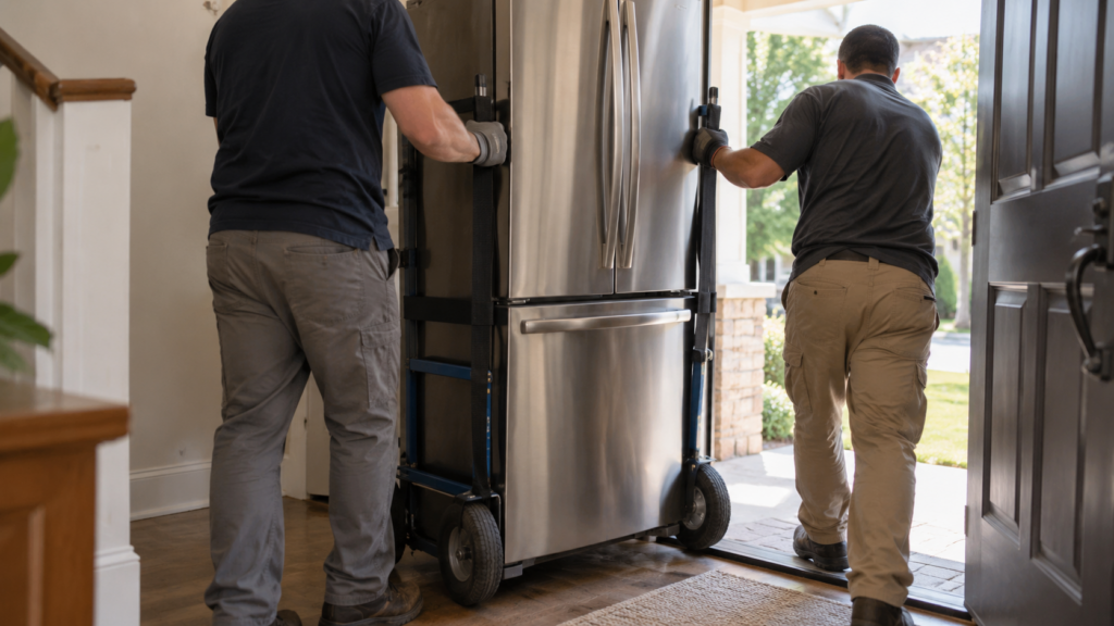 A tall refrigerator standing upright on a strapped appliance dolly at the doorway of a home, seen from behind.