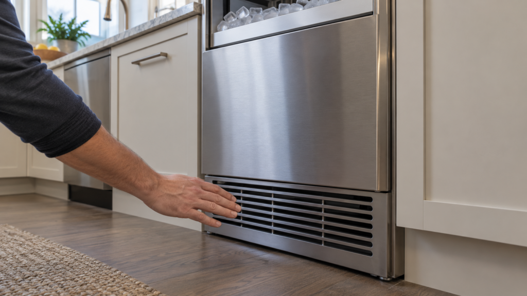 A hand held a few inches in front of the base grille of an undercounter ice maker to feel the airflow.