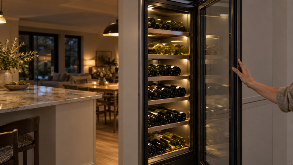 A hand resting on the open glass door of a tall built-in wine column in a quiet kitchen.