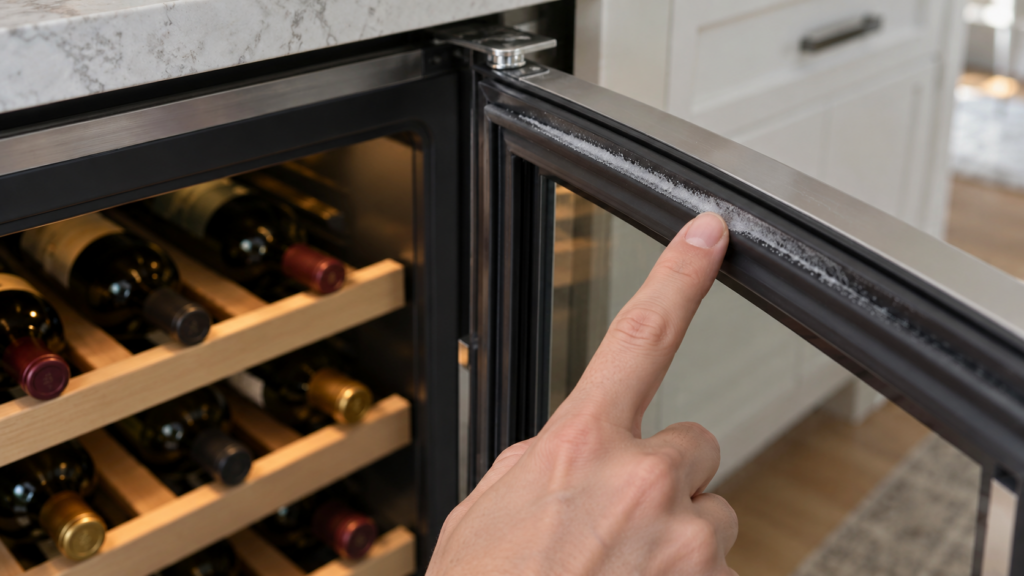 A thin line of frost along the door gasket at the top corner of an undercounter wine cabinet, traced by a fingertip.