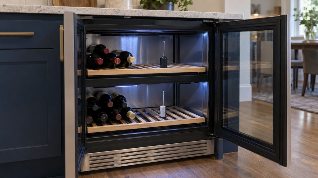 Two digital probe thermometers placed on the upper and lower shelves of an open dual-zone wine storage cabinet.